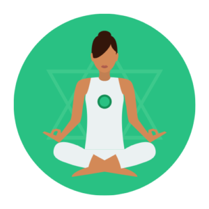 An illustration of a woman with a green circle in the center of chest above the sternum representing the location of the Heart Chakra.
